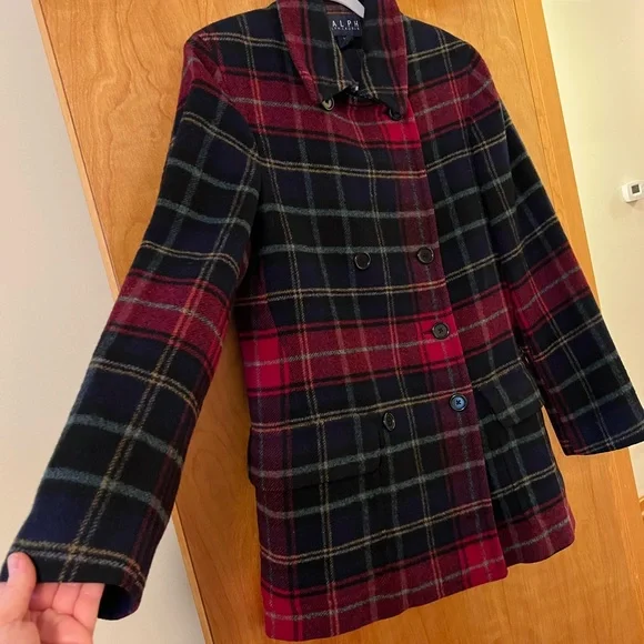 Ralph By Ralph Lauren 100% Wool Coat Double Breasted Red Navy Vintage 90s Large - Picture 2 of 13